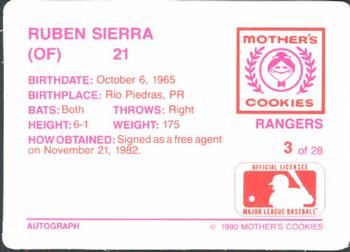 1990 Mother's Cookies Texas Rangers #3 Ruben Sierra Back