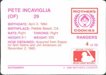 1990 Mother's Cookies Texas Rangers #4 Pete Incaviglia Back