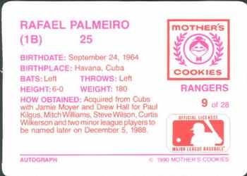 1990 Mother's Cookies Texas Rangers #9 Rafael Palmeiro Back