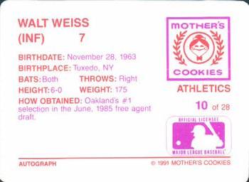 1991 Mother's Cookies Oakland Athletics #10 Walt Weiss Back