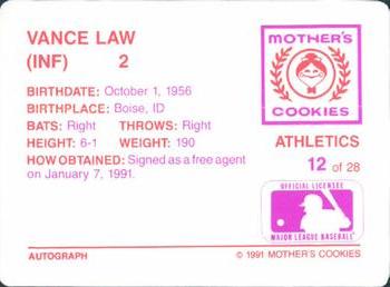 1991 Mother's Cookies Oakland Athletics #12 Vance Law Back