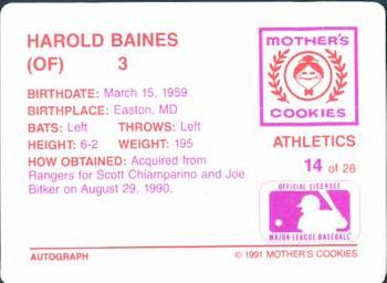 1991 Mother's Cookies Oakland Athletics #14 Harold Baines Back