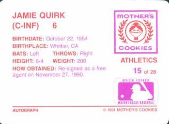 1991 Mother's Cookies Oakland Athletics #15 Jamie Quirk Back