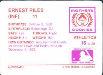 1991 Mother's Cookies Oakland Athletics #16 Ernest Riles Back