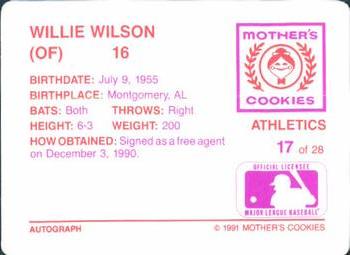 1991 Mother's Cookies Oakland Athletics #17 Willie Wilson Back