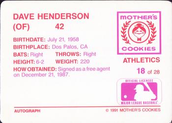 1991 Mother's Cookies Oakland Athletics #18 Dave Henderson Back