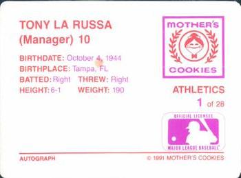 1991 Mother's Cookies Oakland Athletics #1 Tony La Russa Back