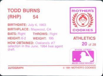 1991 Mother's Cookies Oakland Athletics #20 Todd Burns Back