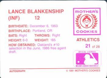 1991 Mother's Cookies Oakland Athletics #21 Lance Blankenship Back