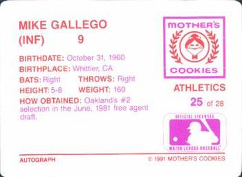 1991 Mother's Cookies Oakland Athletics #25 Mike Gallego Back
