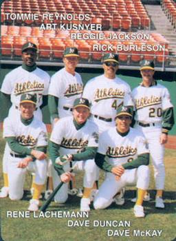 1991 Mother's Cookies Oakland Athletics #28 Coaches & Checklist (Tommie Reynolds / Art Kusnyer / Reggie Jackson / Rick Burleson / Rene Lachemann / Dave Duncan / Dave McKay) Front