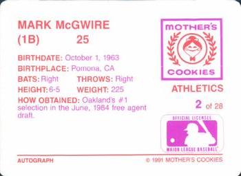 1991 Mother's Cookies Oakland Athletics #2 Mark McGwire Back