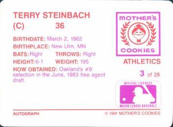1991 Mother's Cookies Oakland Athletics #3 Terry Steinbach Back