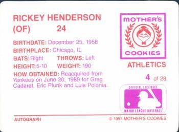 1991 Mother's Cookies Oakland Athletics #4 Rickey Henderson Back