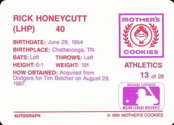 1991 Mother's Cookies Oakland Athletics #13 Rick Honeycutt Back