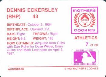 1991 Mother's Cookies Oakland Athletics #7 Dennis Eckersley Back