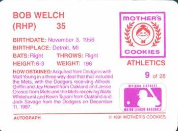 1991 Mother's Cookies Oakland Athletics #9 Bob Welch Back