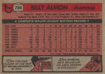 1981 Topps Traded #730 Billy Almon Back