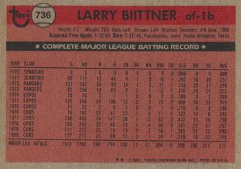 1981 Topps Traded #736 Larry Biittner Back