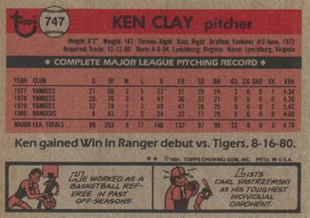 1981 Topps Traded #747 Ken Clay Back