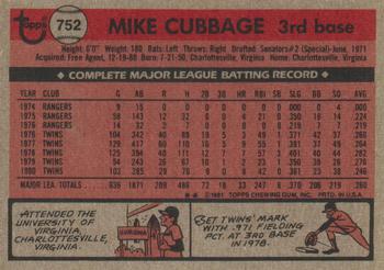1981 Topps Traded #752 Mike Cubbage Back
