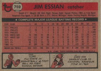 1981 Topps Traded #759 Jim Essian Back