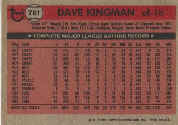 1981 Topps Traded #781 Dave Kingman Back