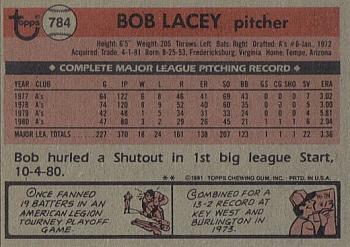 1981 Topps Traded #784 Bob Lacey Back