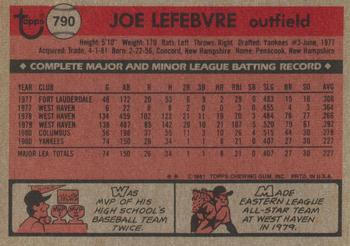 1981 Topps Traded #790 Joe Lefebvre Back