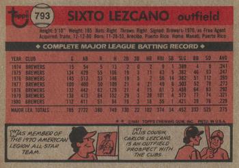 1981 Topps Traded #793 Sixto Lezcano Back