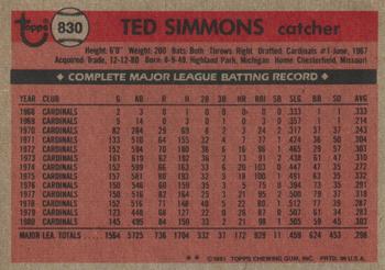 1981 Topps Traded #830 Ted Simmons Back