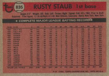 1981 Topps Traded #835 Rusty Staub Back