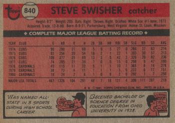1981 Topps Traded #840 Steve Swisher Back