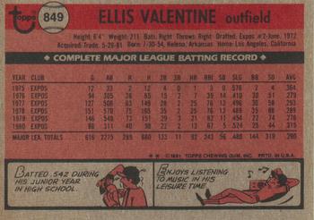 1981 Topps Traded #849 Ellis Valentine Back