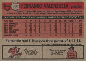 1981 Topps Traded #850 Fernando Valenzuela Back