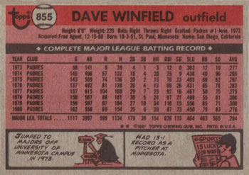 1981 Topps Traded #855 Dave Winfield Back