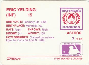 1991 Mother's Cookies Houston Astros #7 Eric Yelding Back