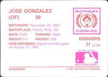 1991 Mother's Cookies Los Angeles Dodgers #11 Jose Gonzalez Back