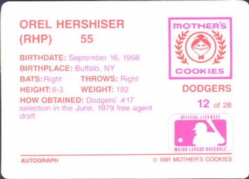 1991 Mother's Cookies Los Angeles Dodgers #12 Orel Hershiser Back