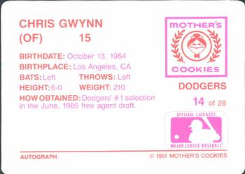 1991 Mother's Cookies Los Angeles Dodgers #14 Chris Gwynn Back