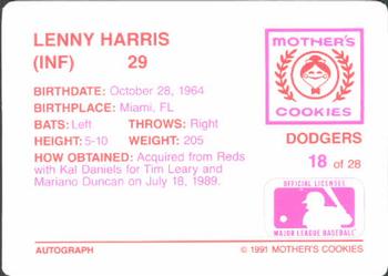 1991 Mother's Cookies Los Angeles Dodgers #18 Lenny Harris Back