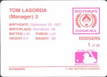 1991 Mother's Cookies Los Angeles Dodgers #1 Tom Lasorda Back