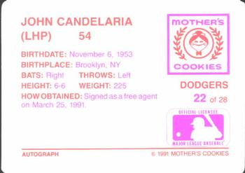 1991 Mother's Cookies Los Angeles Dodgers #22 John Candelaria Back