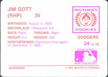 1991 Mother's Cookies Los Angeles Dodgers #24 Jim Gott Back