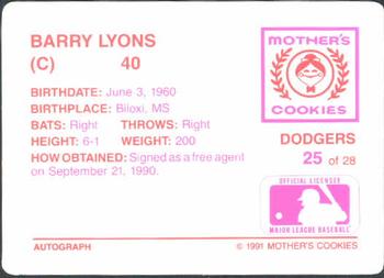 1991 Mother's Cookies Los Angeles Dodgers #25 Barry Lyons Back