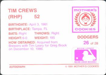 1991 Mother's Cookies Los Angeles Dodgers #26 Tim Crews Back
