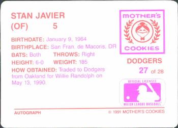 1991 Mother's Cookies Los Angeles Dodgers #27 Stan Javier Back