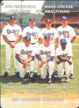 1991 Mother's Cookies Los Angeles Dodgers #28 Coaches & Checklist (Joe Ferguson / Ben Hines / Joe Amalfitano / Mark Cresse / Ron Perranoski / Bill Russell / Manny Mota) Front
