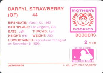 1991 Mother's Cookies Los Angeles Dodgers #2 Darryl Strawberry Back
