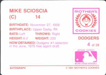 1991 Mother's Cookies Los Angeles Dodgers #4 Mike Scioscia Back